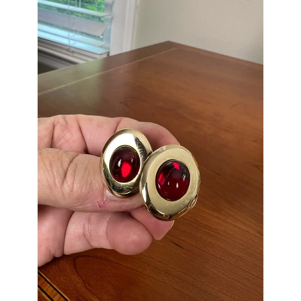 Vintage Gold Tone Ruby Red Cabochon Cufflinks and Tie Clip Set Mens Formal Wear